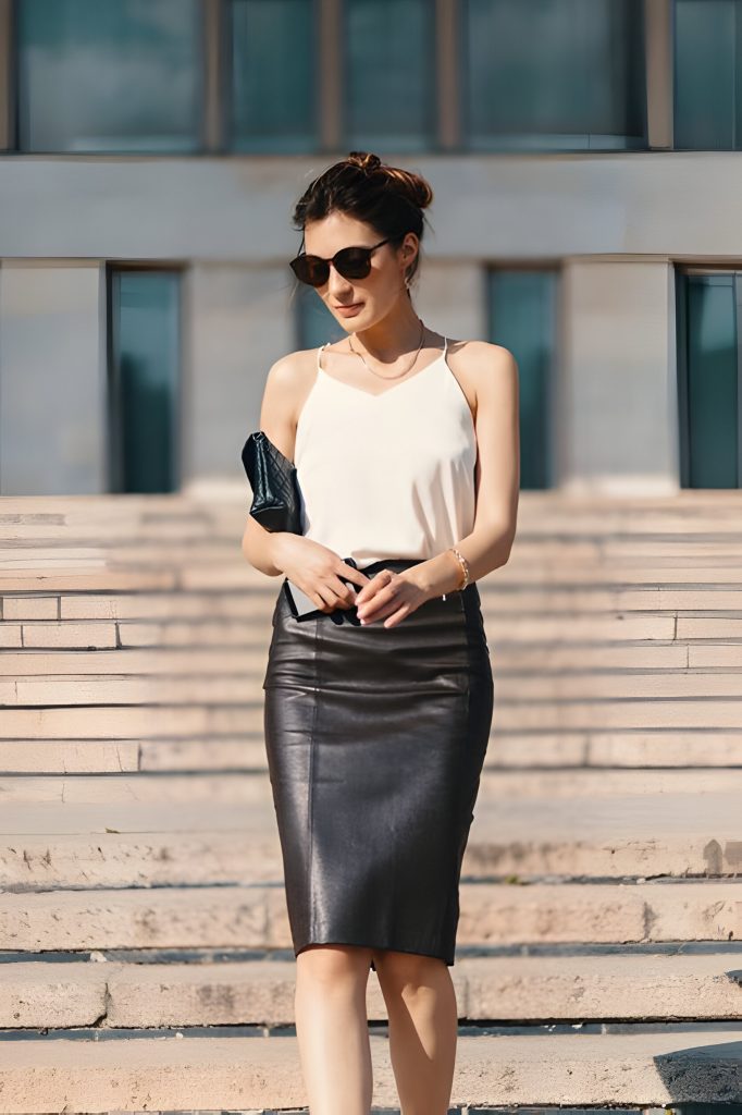 Edgy black leather skirt - a symbol of modern fashion and individuality." Edgy black leather skirt - a symbol of modern fashion and individuality."