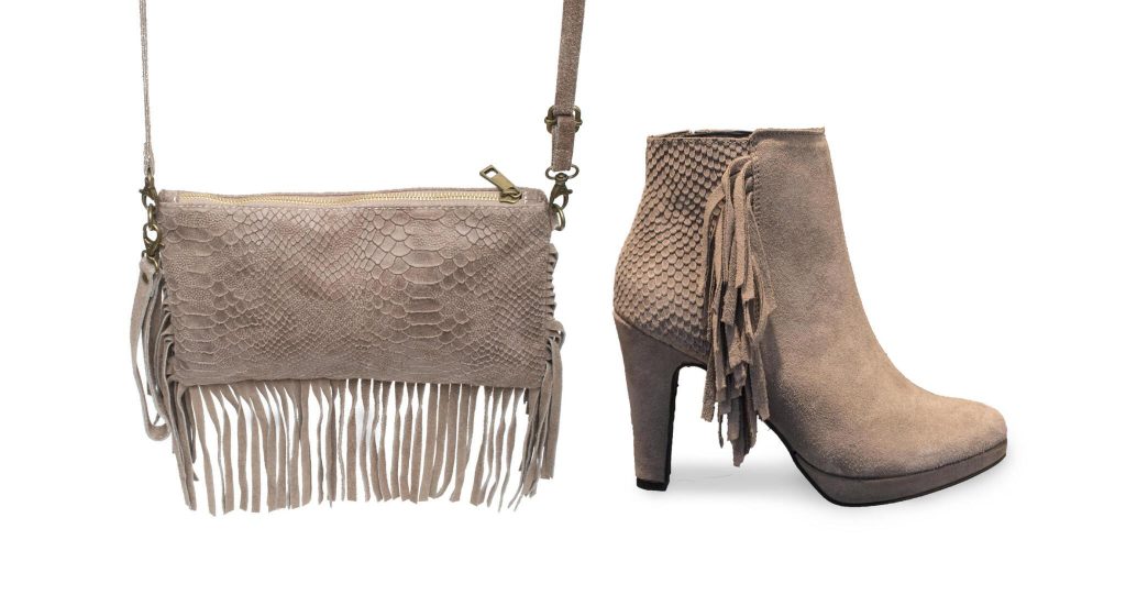 SKIN GRAINED LEATHER FRINGE BAG AND SHOE