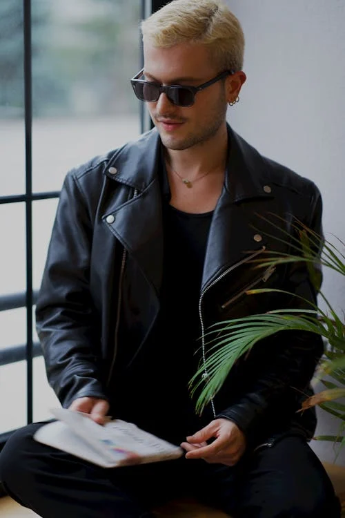 Blank nyc leather jacket with black outfit wearing a man with black goggles